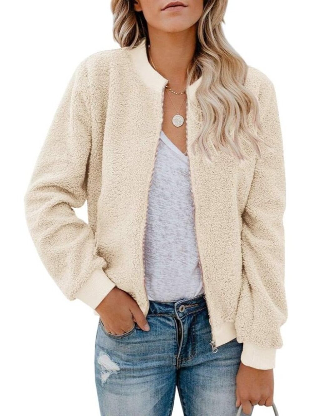 〽️Women's Beige Winter Bomber Long Sleeve Faux Sherpa Fuzzy Casual Zip Coat